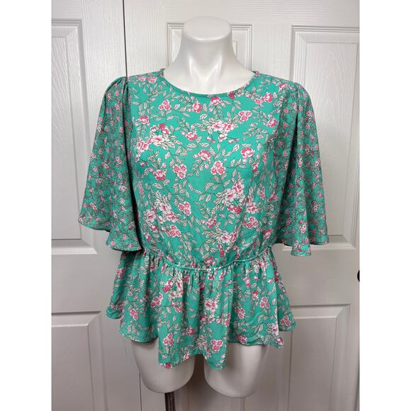 L'ayard Floral Boho Peplum Top Green Blouse Size Medium - Picture 1 of 7